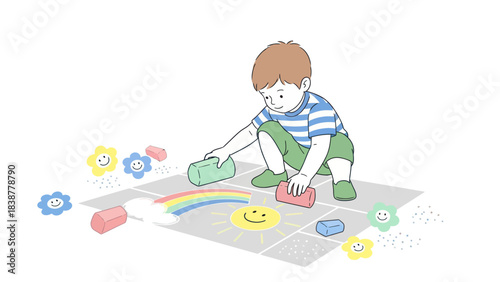 Young Boy Drawing Colorful Chalk Art on the Ground