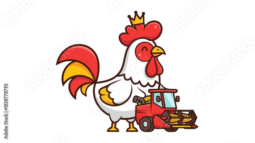 Cute cartoon rooster wearing a crown and standing next to a combine harvester.