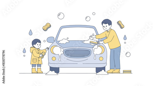 Father and son washing a car together