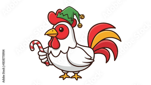 Christmas chicken holding a candy cane and wearing an elf hat.
