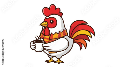 A cheerful cartoon rooster wearing a scarf and holding a hot coffee mug.