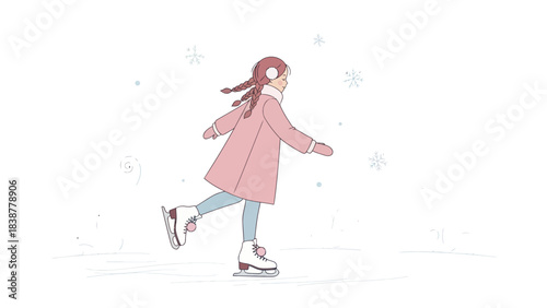 Happy girl ice skating on a winter day with falling snowflakes.