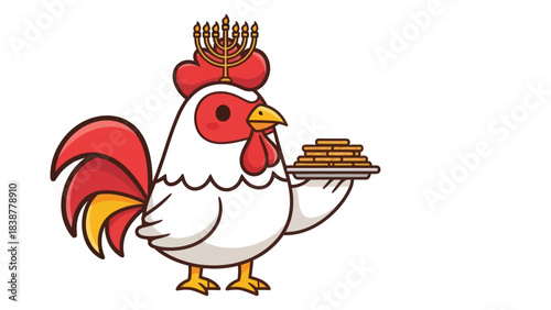 Cartoon rooster wearing a menorah and holding latkes for Hanukkah celebration