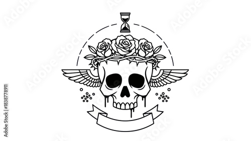 Gothic skull with roses, wings, and hourglass emblem