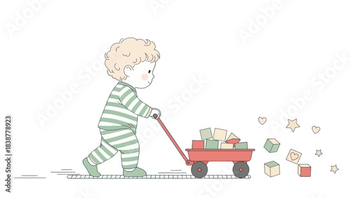 Happy toddler pushing a red toy wagon filled with colorful blocks.