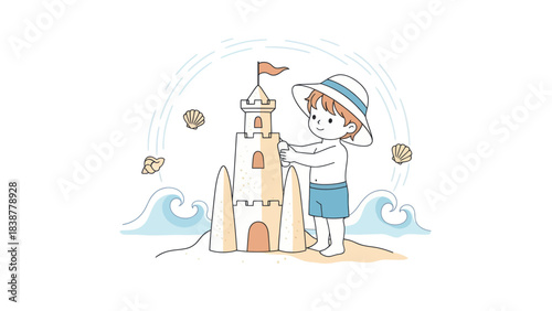 Happy child building a sandcastle on the beach during summer.