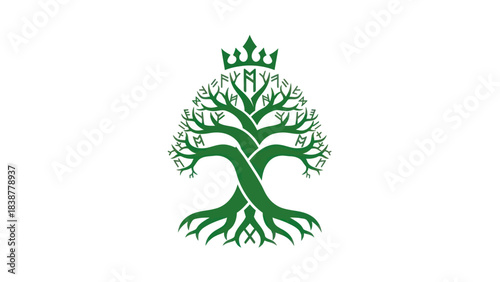 Stylized Yggdrasil tree with runic leaves and royal crown emblem.