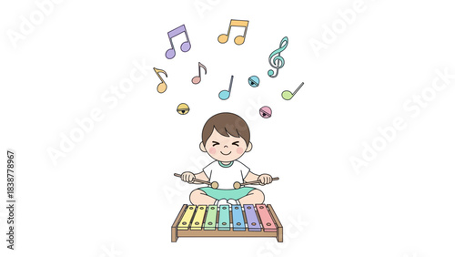 Happy child playing xylophone with music notes floating
