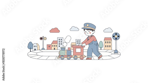 A happy child plays with a toy train set in a miniature town.