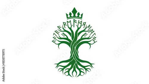 Green tree of life with a crown and runes