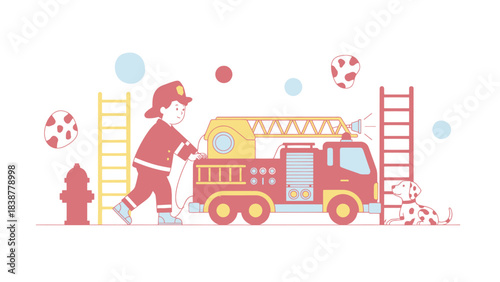 Firefighter boy with fire truck and dalmatian dog illustration