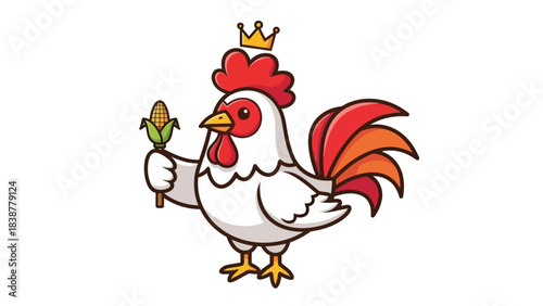 Cute cartoon rooster king with a crown holding a corn cob scepter.