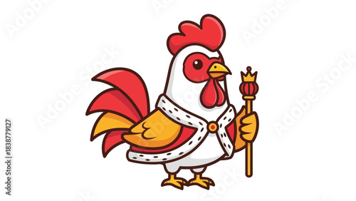 Cheerful cartoon rooster king in royal robe holding a scepter.