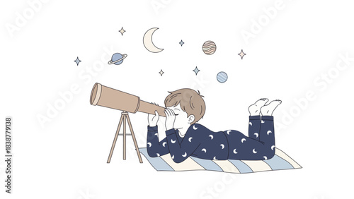 Child in pajamas looking through a telescope at the night sky