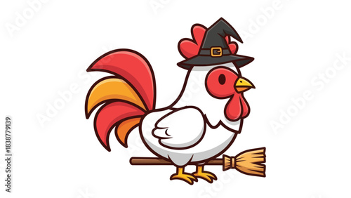 Cute Halloween rooster wearing a witch hat and riding a broomstick.