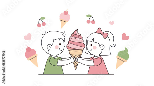 Cute kids sharing a strawberry ice cream cone with cherries and hearts.