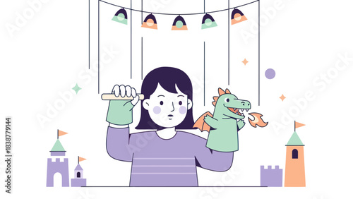 Child playing with a dragon puppet in a puppet show.