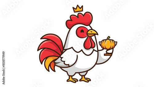 Cute cartoon rooster with a crown holding a pumpkin trophy.