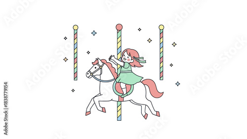 Cheerful cartoon girl riding a carousel horse with arms wide open.
