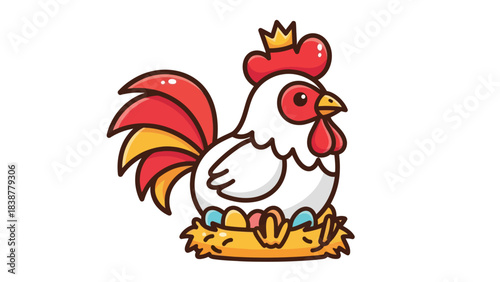Cute cartoon hen with a crown sitting on colorful eggs in a nest.