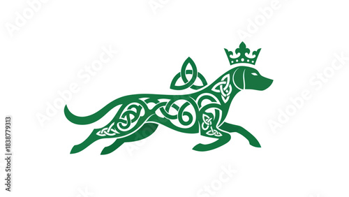 Green celtic dog with crown and knotwork design running