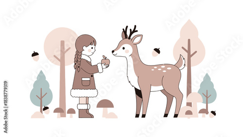 A young girl feeds an apple to a friendly deer in a whimsical forest scene.
