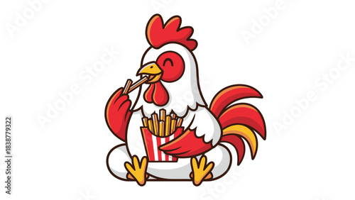Happy cartoon chicken enjoying french fries with chopsticks