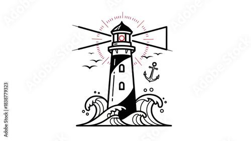 Nautical lighthouse with anchor and birds in stormy seas