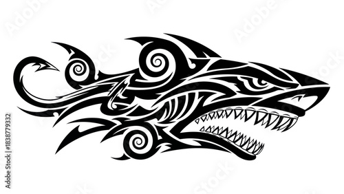 Tribal shark tattoo with sharp teeth and aggressive expression.