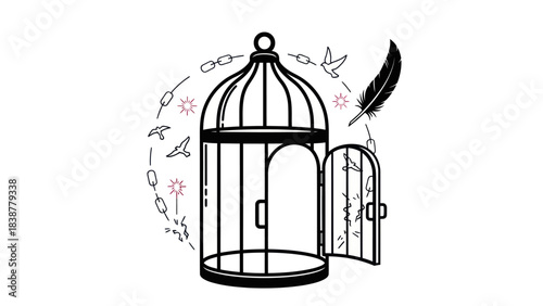 Bird cage with open door and flying birds