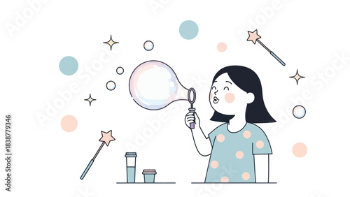 Cute girl blowing bubbles with a magical wand illustration.