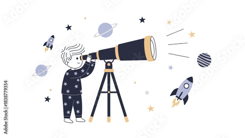 Little boy exploring the universe with a telescope, surrounded by planets and rockets.