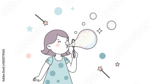 Cute little girl blowing soap bubbles illustration