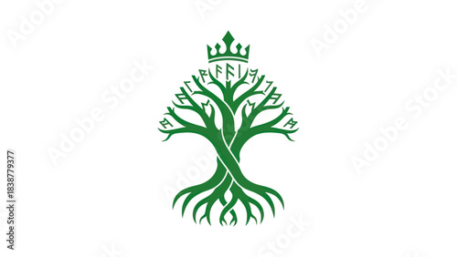 Green tree of life with royal crown and ancient symbols