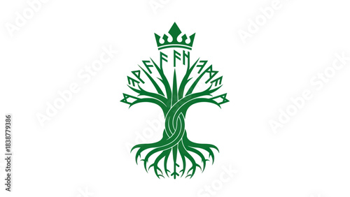 Green crowned Celtic tree symbol on white background.