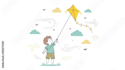 A happy boy enjoys flying a kite outdoors on a sunny, windy day.