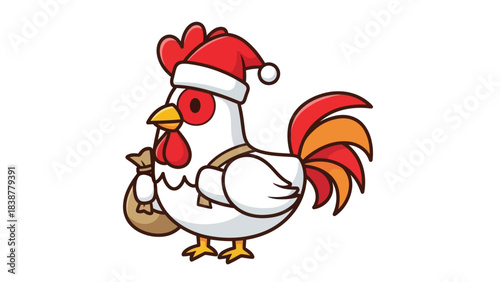 Cute cartoon rooster wearing Santa hat and carrying a gift sack for Christmas.