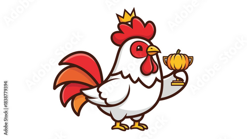 Cartoon Rooster King Holding a Pumpkin Trophy