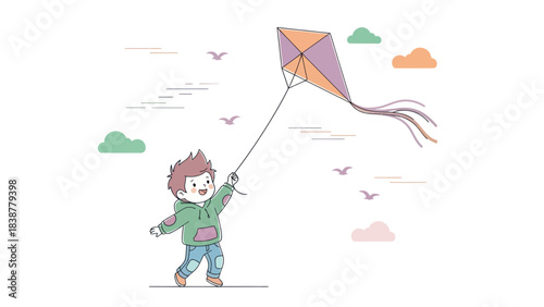 Happy child flying a colorful kite in the sky