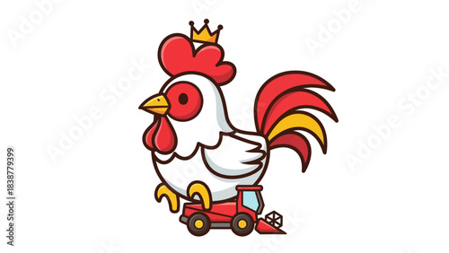 Cartoon king rooster sitting on a red tractor