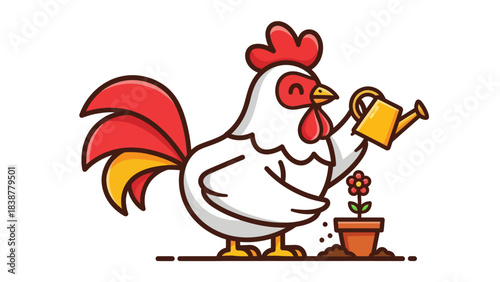 Cute cartoon rooster watering a flower in a pot.