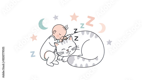 Cute baby and cat sleeping together peacefully illustration