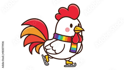 Cute cartoon rooster wearing a rainbow scarf and ice skates