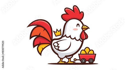 Cute cartoon chicken with a crown and a cart of golden eggs.