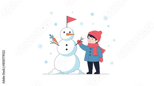 Little boy building a happy snowman in winter snow