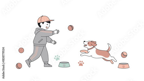 A cheerful boy plays fetch with his excited dog, surrounded by balls.