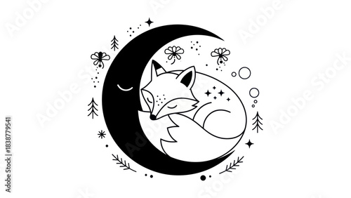 Cute fox sleeping on the moon with stars and trees