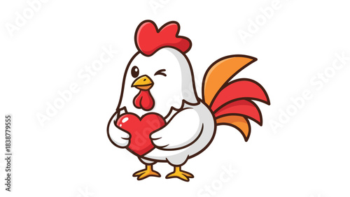 Cute cartoon rooster winking and holding a red heart.