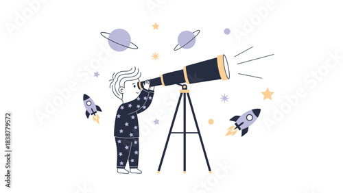 Curious child observing the night sky with a telescope, dreaming of space exploration.