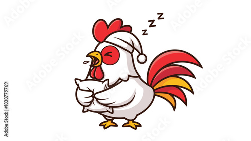 Cute cartoon rooster sleeping soundly with a pillow and nightcap
